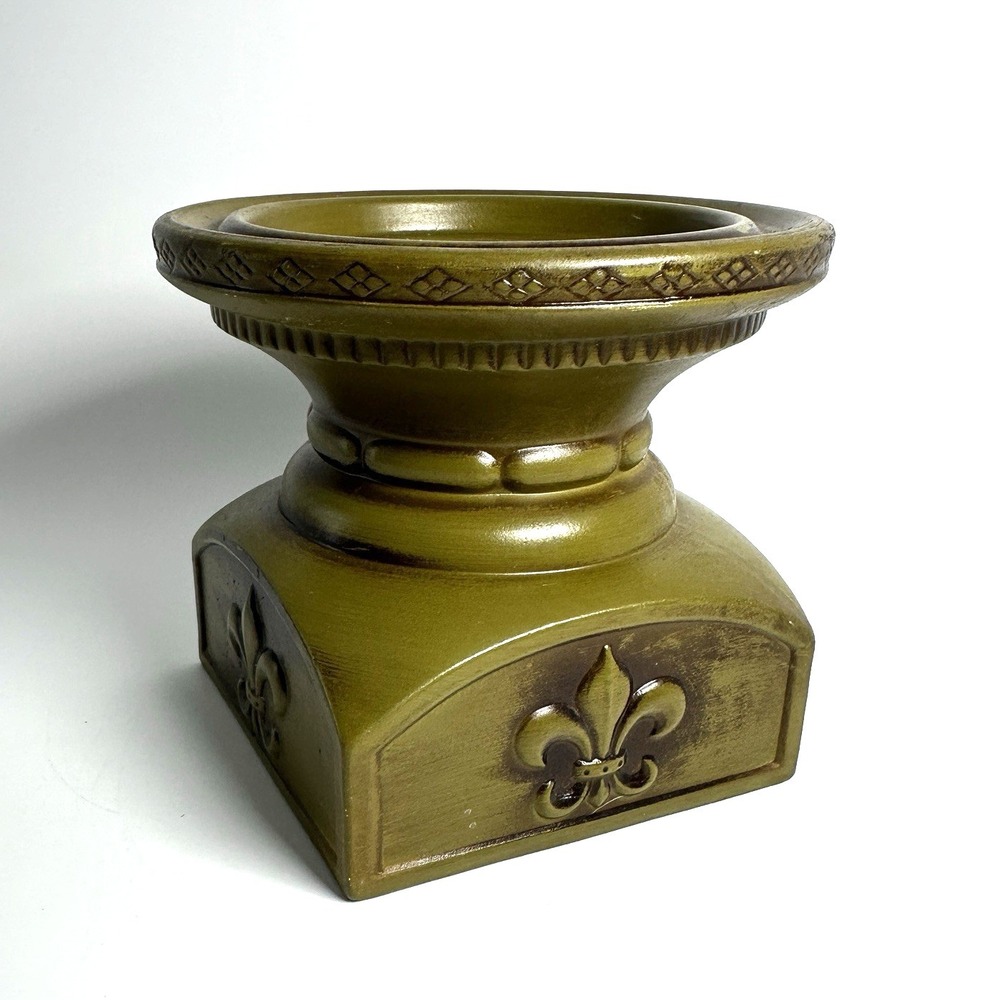 Vtg Fleur De Lis Ceramic Pillar Candle Holder Avocado Olive Green Japan MCM Boho